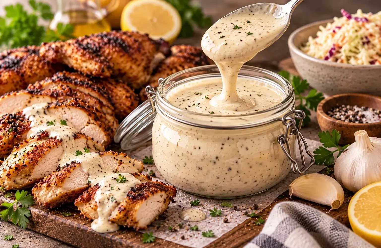 Jar of peppery Alabama white sauce beside sliced grilled chicken and coleslaw