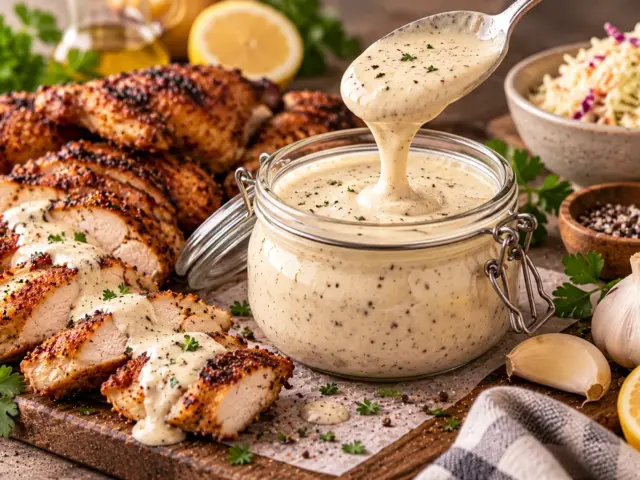 Jar of peppery Alabama white sauce beside sliced grilled chicken and coleslaw