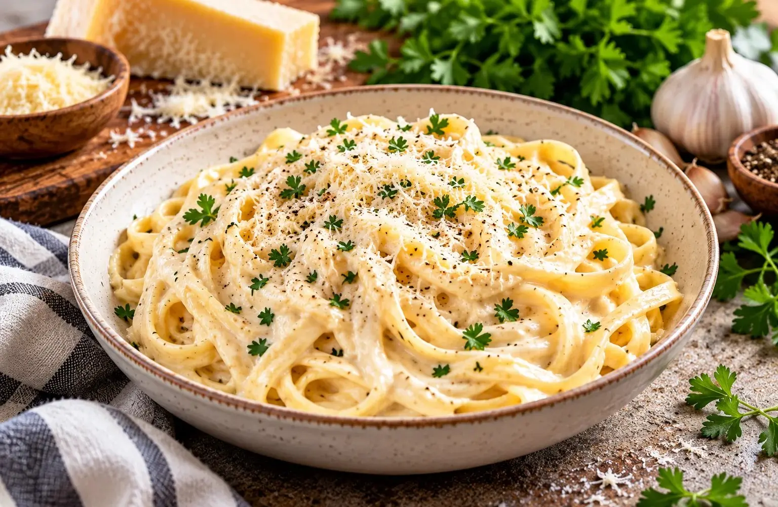 Bowl of fettuccine in creamy homemade alfredo sauce with Parmesan and fresh parsley