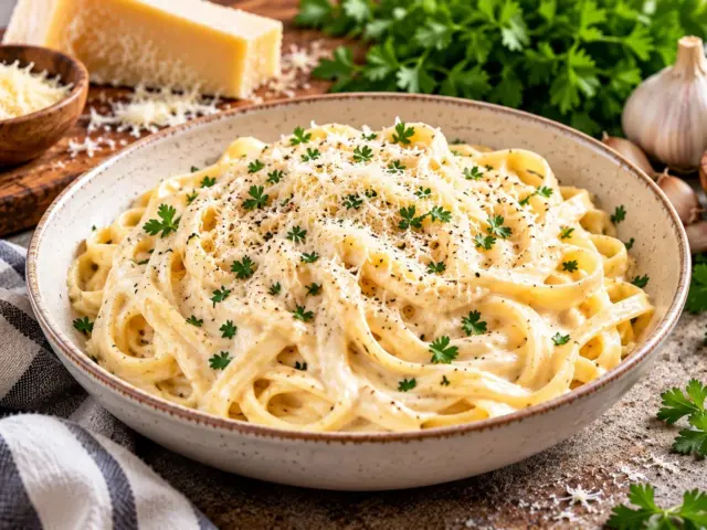 Bowl of fettuccine in creamy homemade alfredo sauce with Parmesan and fresh parsley