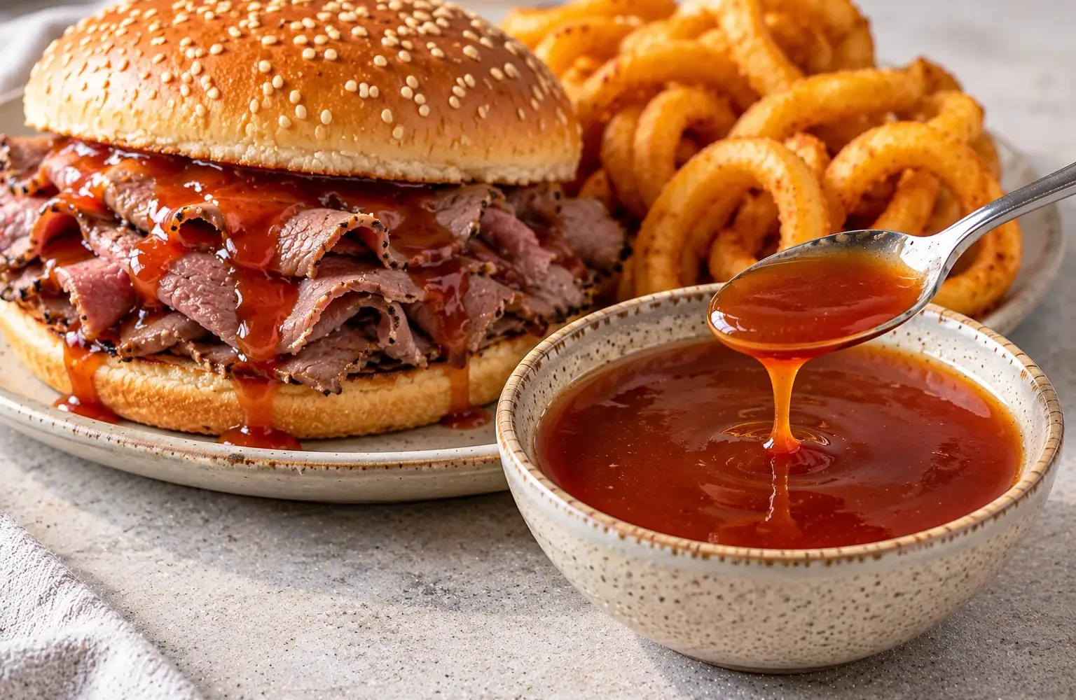 Bowl of copycat Arby's sauce beside a roast beef sandwich and curly fries