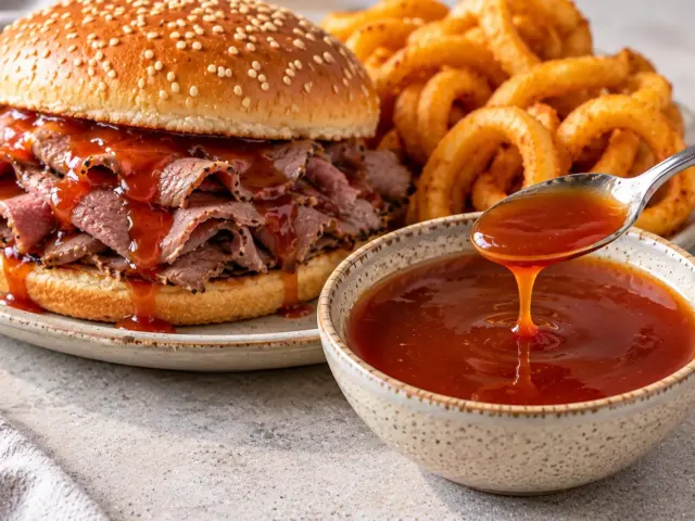 Bowl of copycat Arby's sauce beside a roast beef sandwich and curly fries