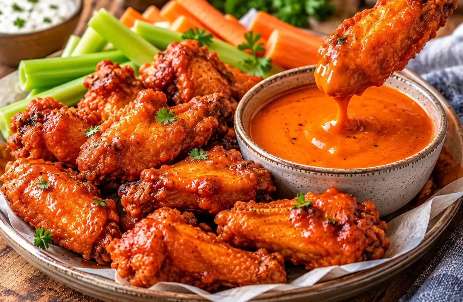 Bowl of homemade buffalo sauce with sauced chicken wings, celery and ranch