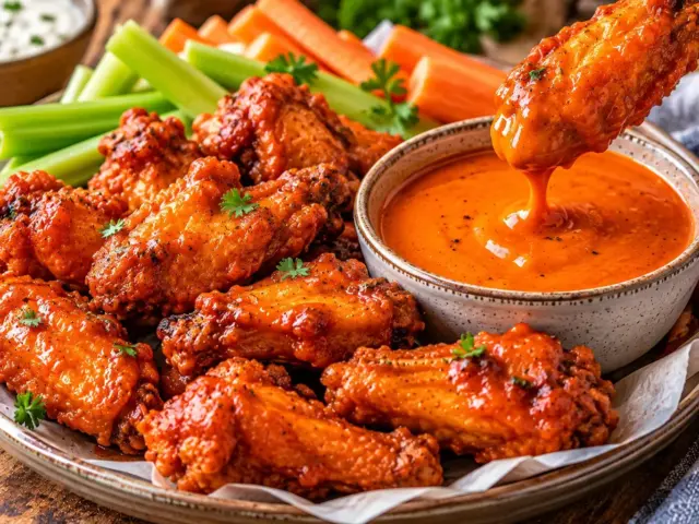 Bowl of homemade buffalo sauce with sauced chicken wings, celery and ranch