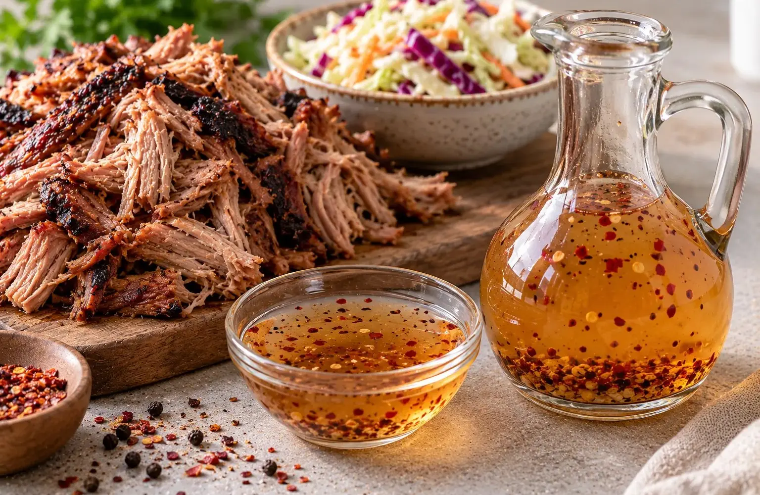 Glass cruet and bowl of thin Carolina vinegar BBQ sauce with red pepper flakes beside pulled pork and coleslaw