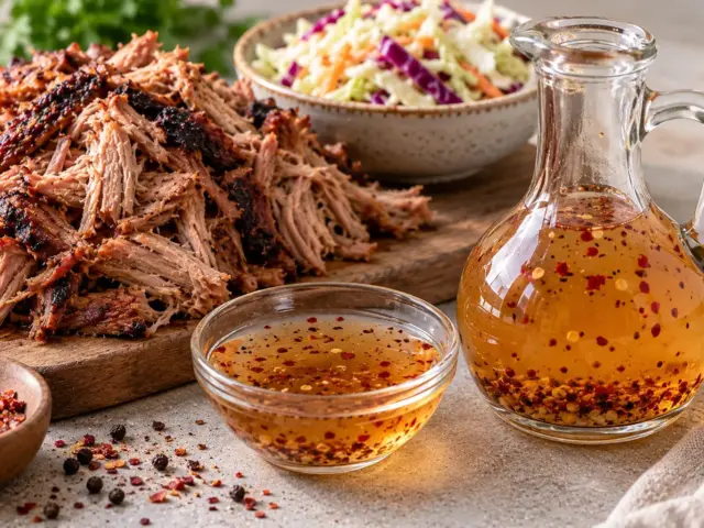 Glass cruet and bowl of thin Carolina vinegar BBQ sauce with red pepper flakes beside pulled pork and coleslaw
