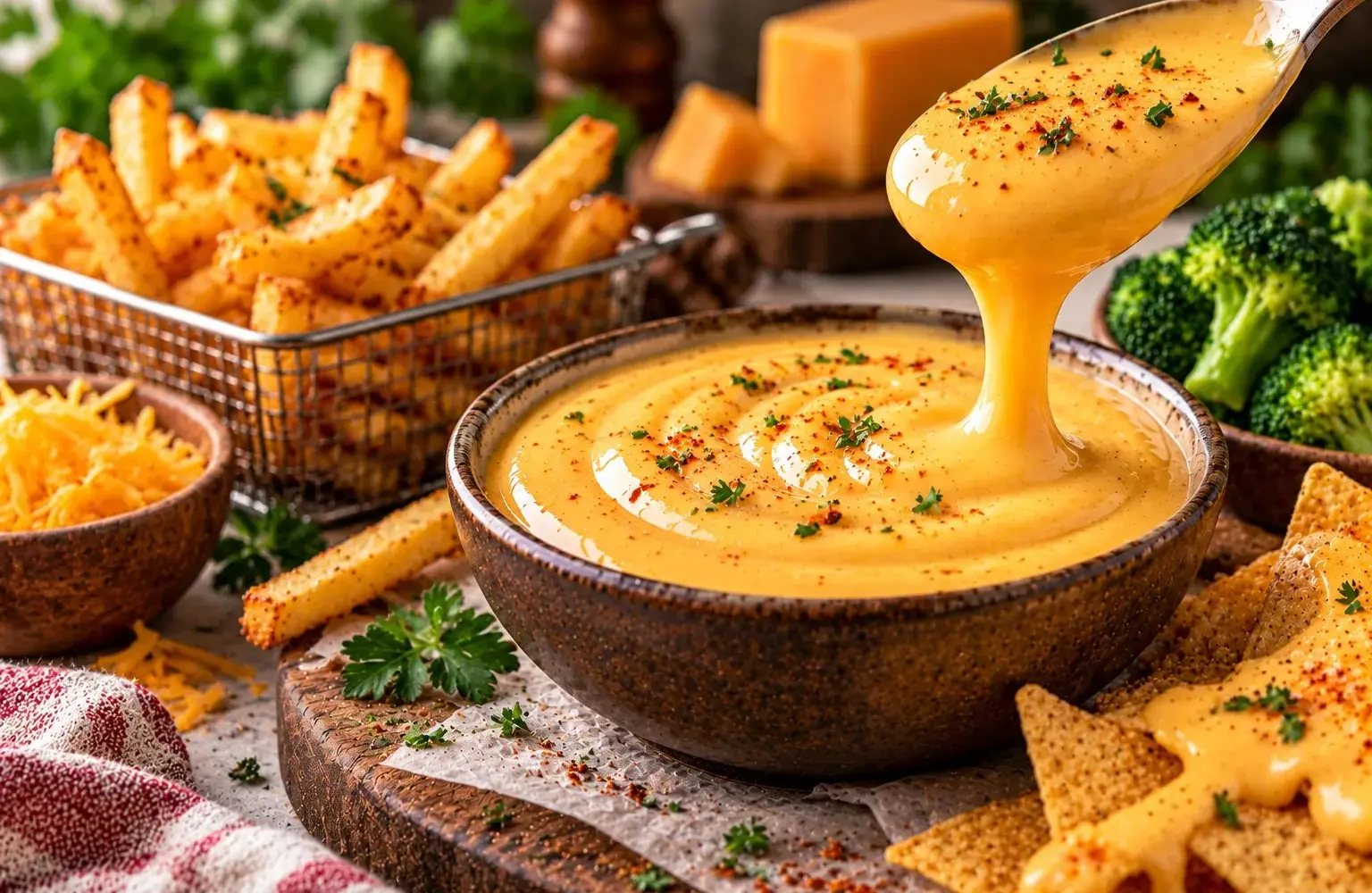 Bowl of homemade cheddar cheese sauce with fries, tortilla chips and broccoli