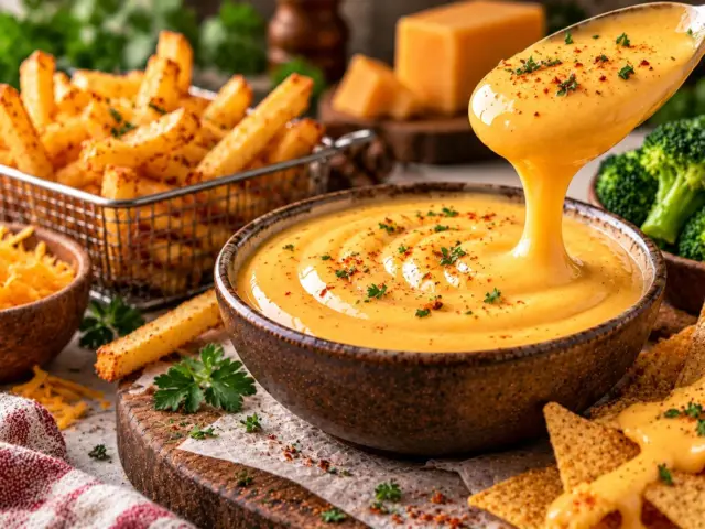 Bowl of homemade cheddar cheese sauce with fries, tortilla chips and broccoli