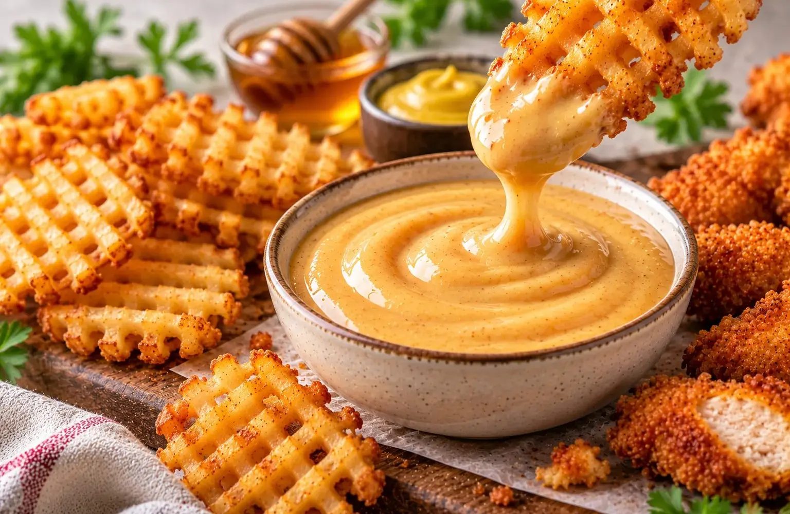 Waffle fry dipped in a bowl of copycat Chick-fil-A sauce with chicken tenders, honey and mustard