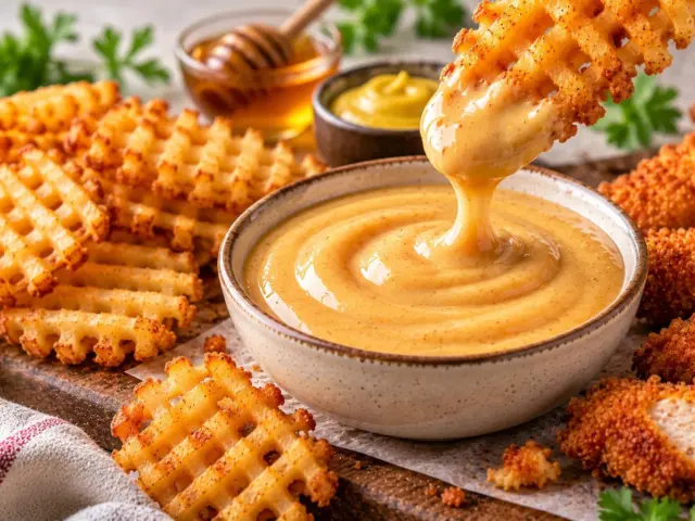 Waffle fry dipped in a bowl of copycat Chick-fil-A sauce with chicken tenders, honey and mustard