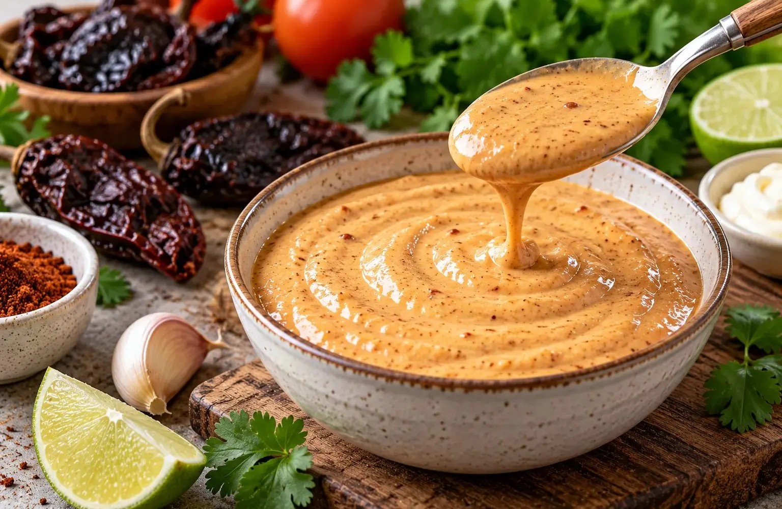 Bowl of creamy chipotle sauce with dried chipotle peppers, lime, garlic and cilantro