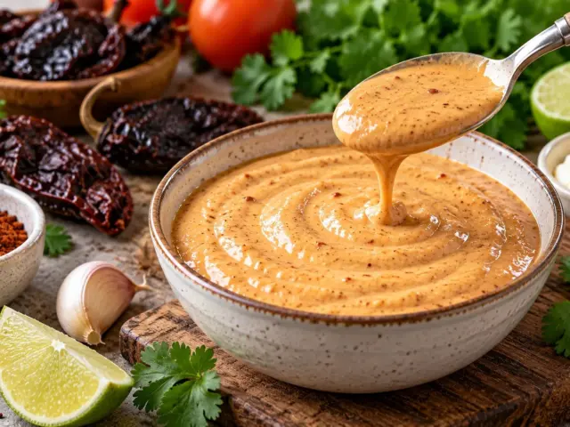 Bowl of creamy chipotle sauce with dried chipotle peppers, lime, garlic and cilantro