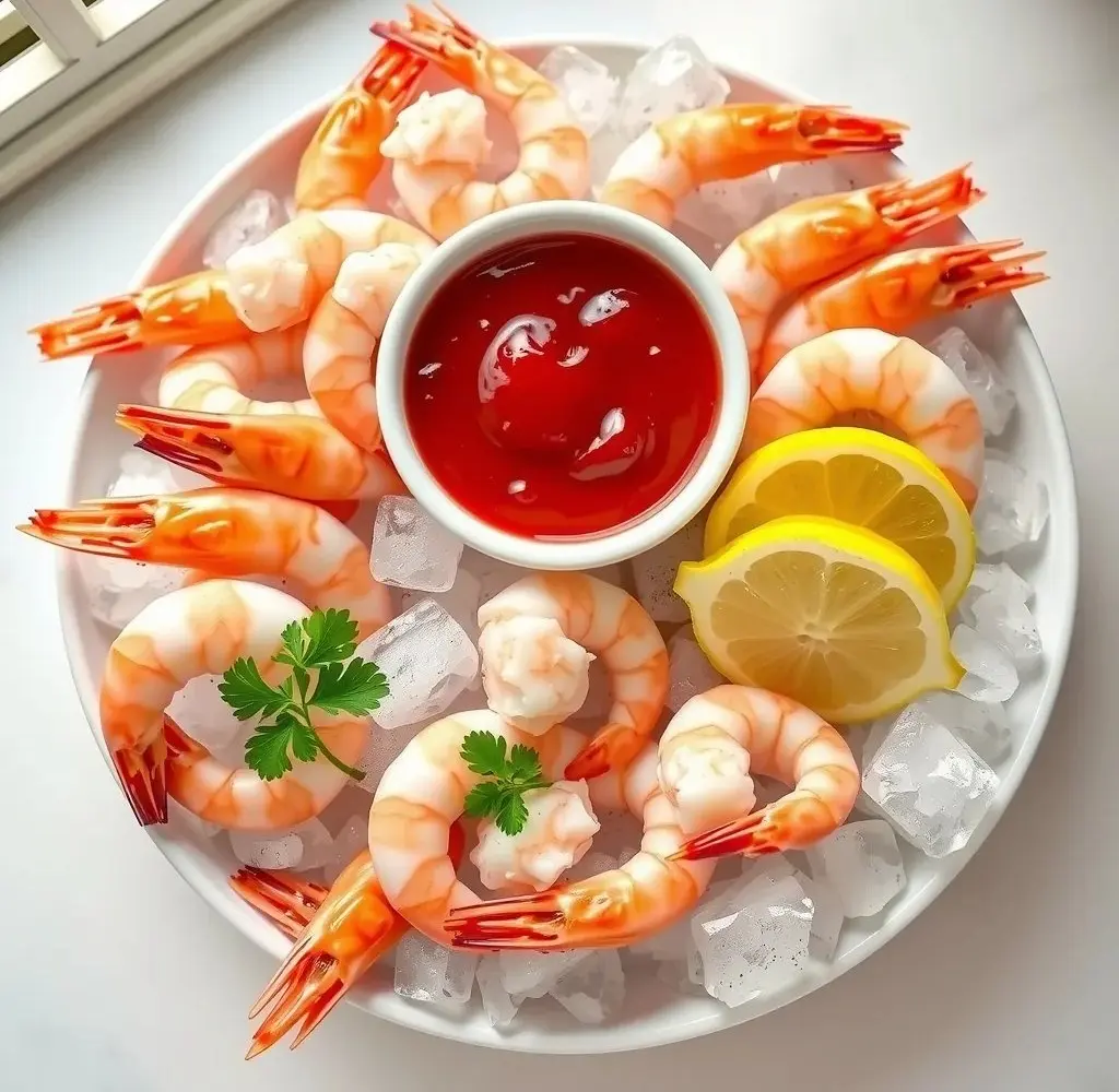 Bowl of homemade cocktail sauce with chilled shrimp and lemon wedges