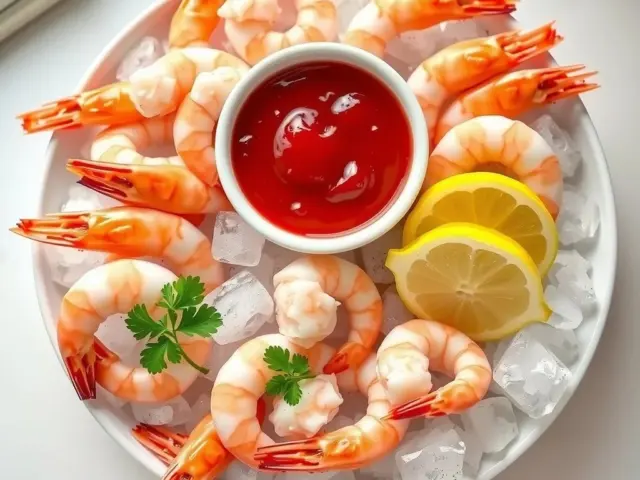 Bowl of homemade cocktail sauce with chilled shrimp and lemon wedges