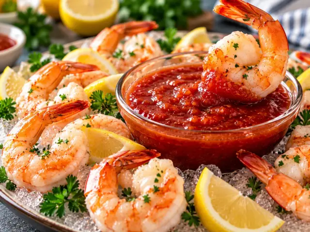 Bowl of homemade cocktail sauce with chilled shrimp on ice and lemon wedges