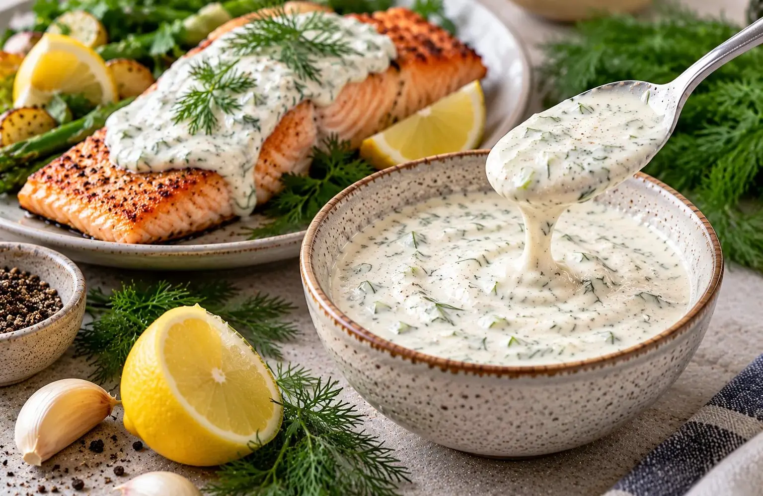 Bowl of creamy lemon dill sauce beside a seared salmon fillet with fresh dill and lemon