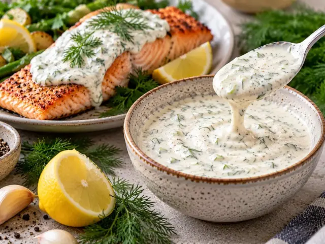 Bowl of creamy lemon dill sauce beside a seared salmon fillet with fresh dill and lemon