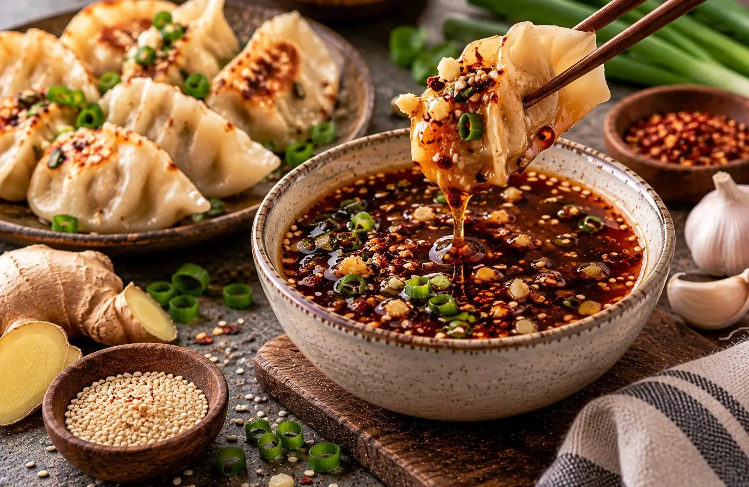 Dumpling dipped in a bowl of soy dumpling sauce with chili oil, green onion and sesame seeds