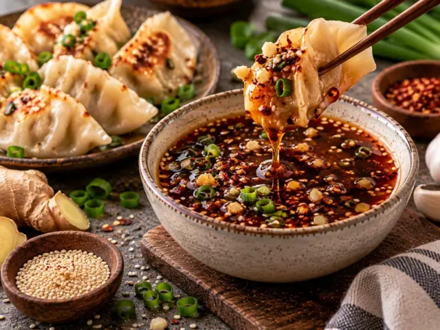 Dumpling dipped in a bowl of soy dumpling sauce with chili oil, green onion and sesame seeds