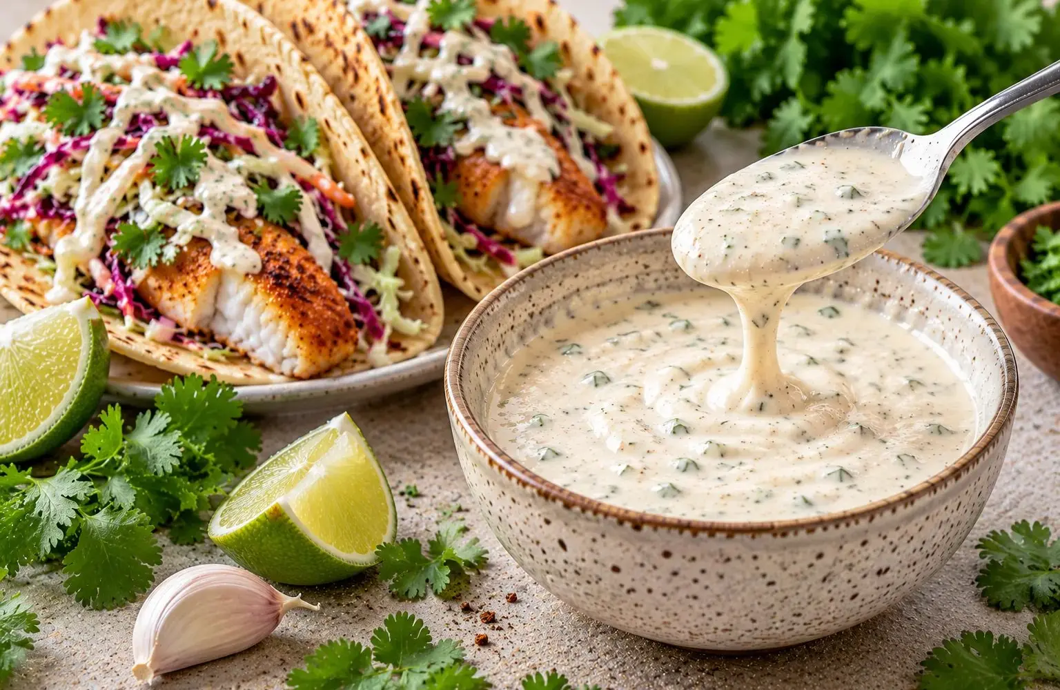 Bowl of creamy white fish taco sauce with lime beside fish tacos and shredded cabbage