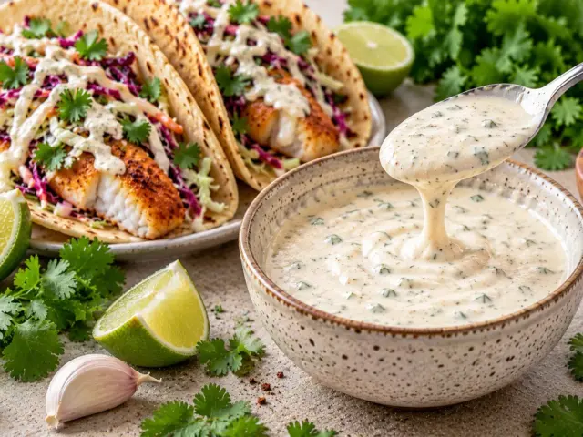 Bowl of creamy white fish taco sauce with lime beside fish tacos and shredded cabbage