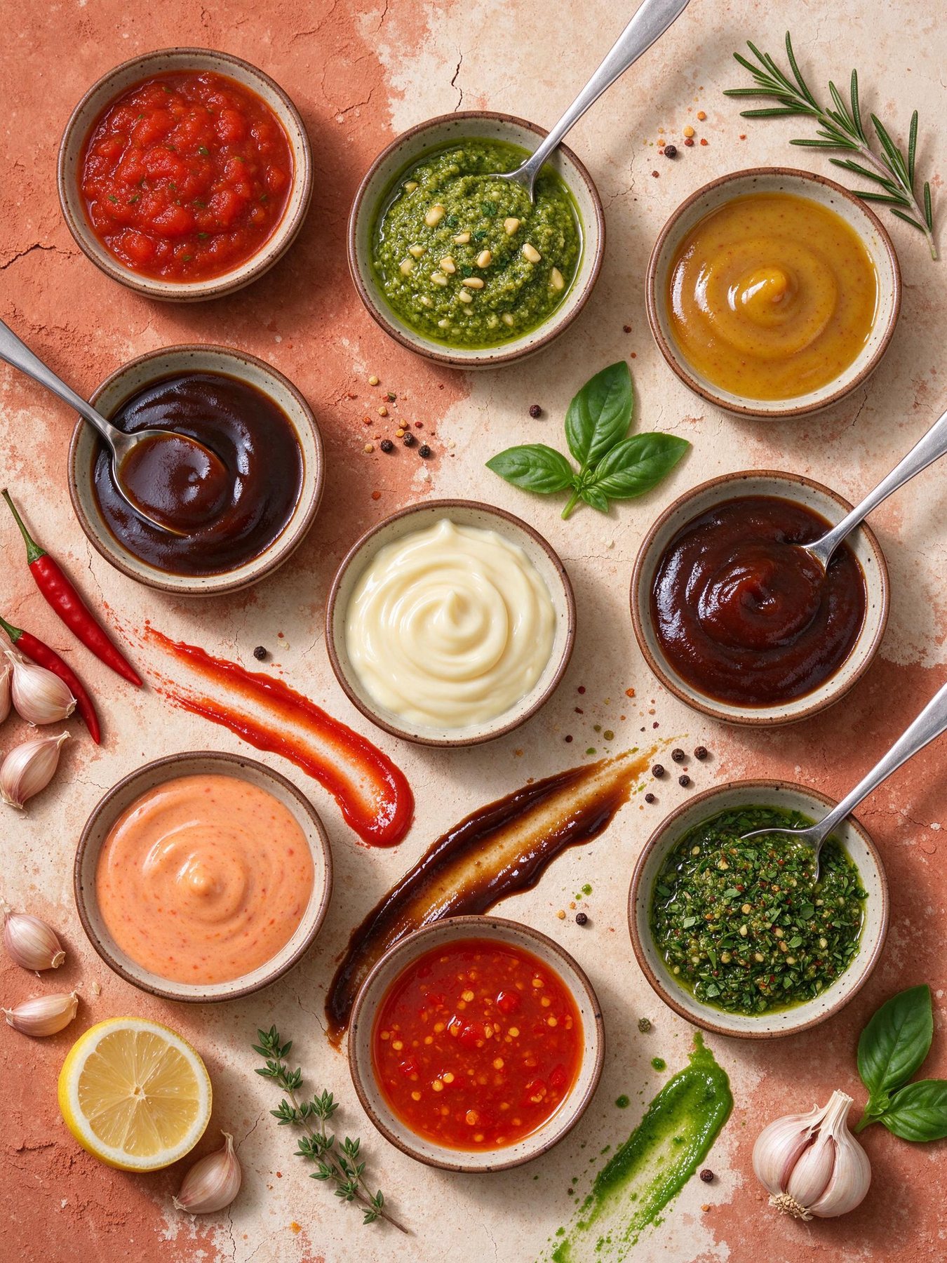Overhead spread of homemade sauces in small bowls: marinara, pesto, honey mustard, teriyaki, aioli, BBQ, burger sauce, chili sauce and chimichurri