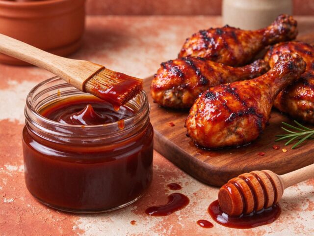 Honey BBQ Sauce — Thick, sticky honey BBQ sauce with ketchup, apple cider vinegar and smoked paprika, simmered for 15 minutes