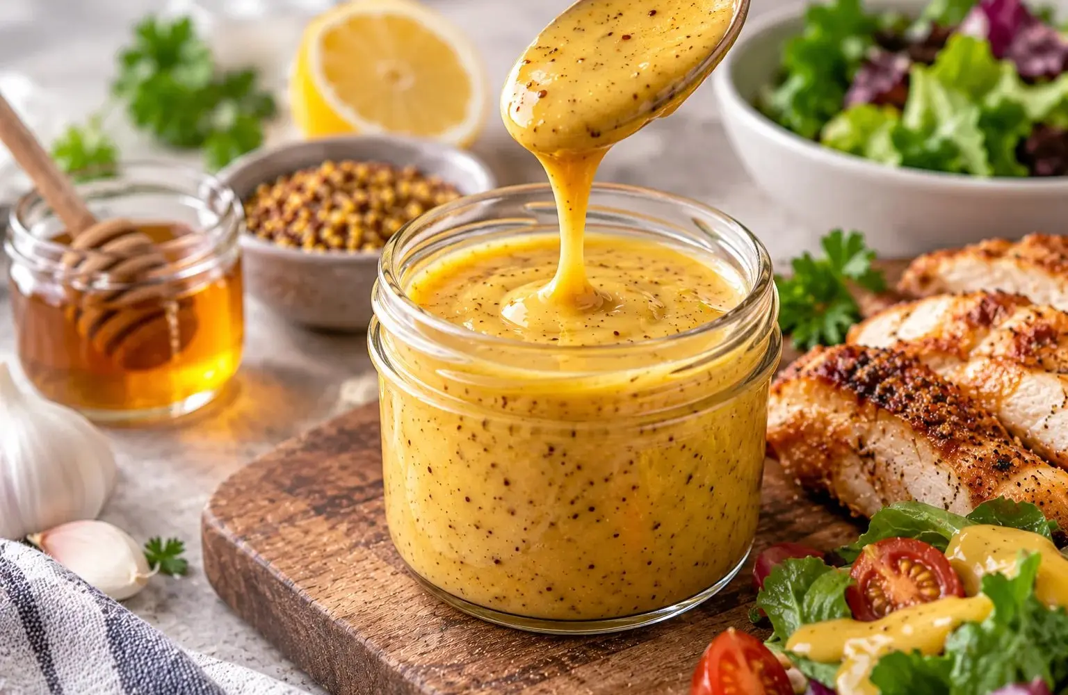 Jar of creamy homemade honey mustard sauce with grilled chicken and salad