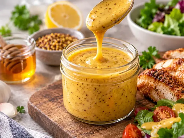 Jar of creamy homemade honey mustard sauce with grilled chicken and salad