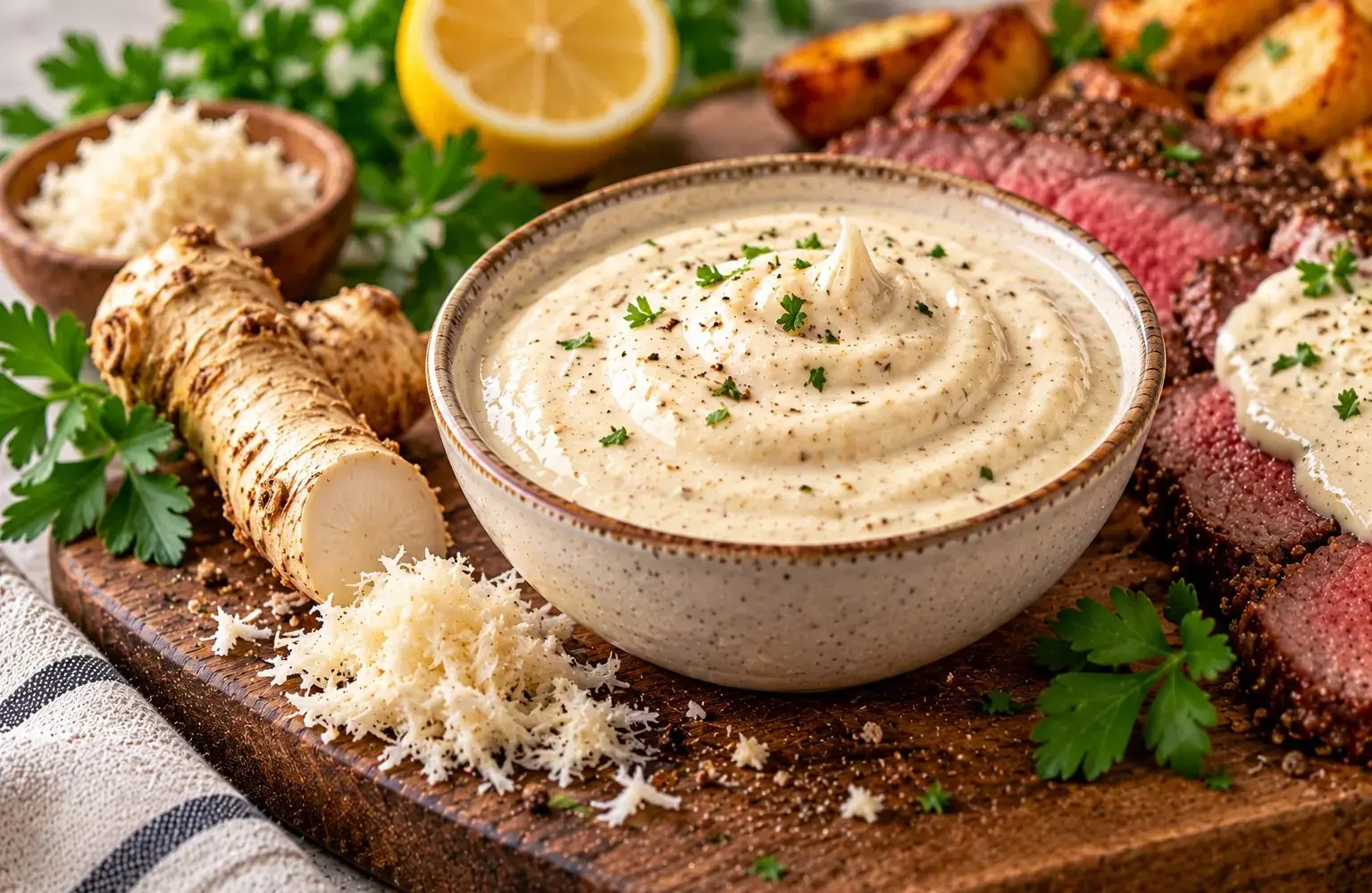 Bowl of creamy horseradish sauce with fresh horseradish root and sliced roast beef