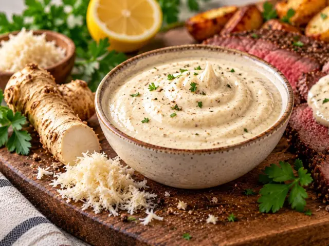 Bowl of creamy horseradish sauce with fresh horseradish root and sliced roast beef