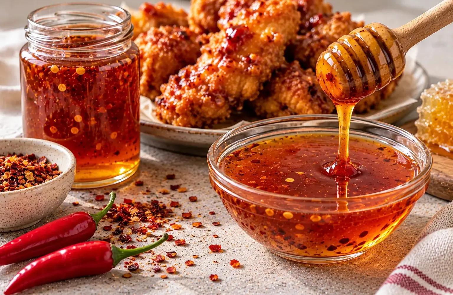 Jar and bowl of homemade hot honey with red pepper flakes beside crispy fried chicken