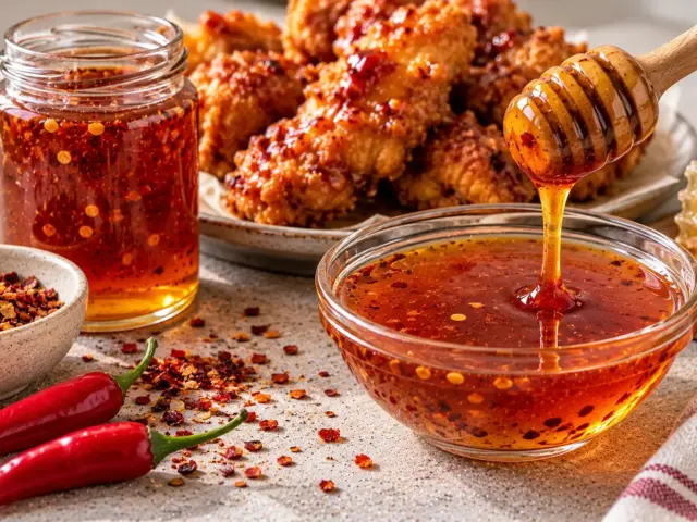 Jar and bowl of homemade hot honey with red pepper flakes beside crispy fried chicken