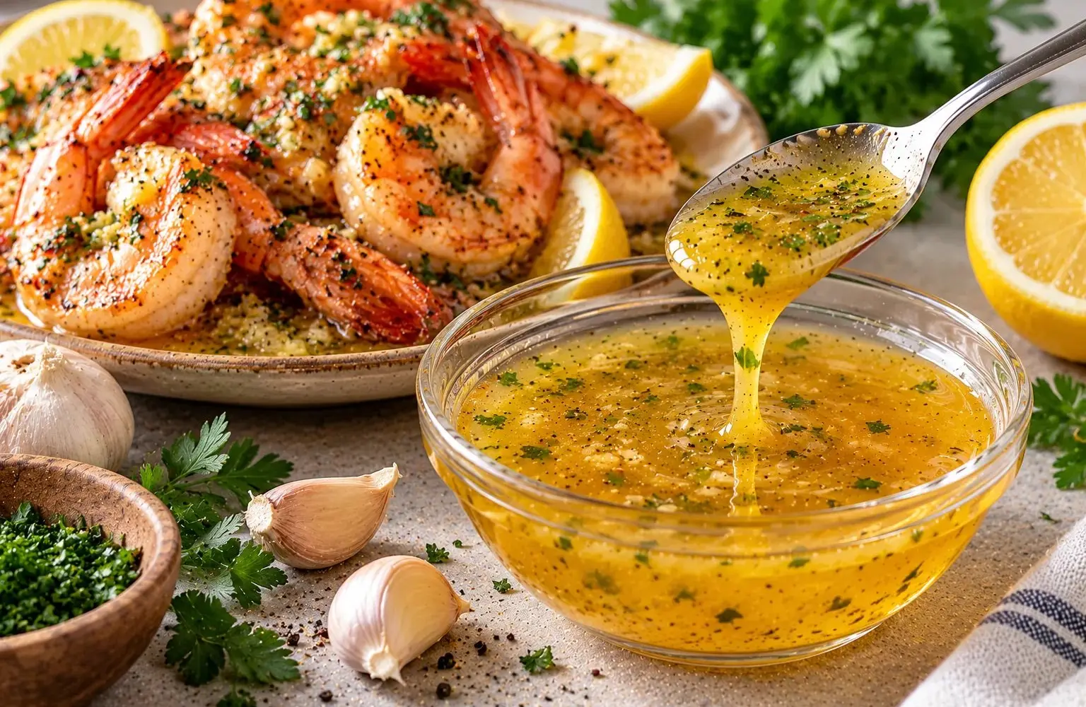 Bowl of lemon garlic butter sauce with parsley beside buttery shrimp and lemon wedges