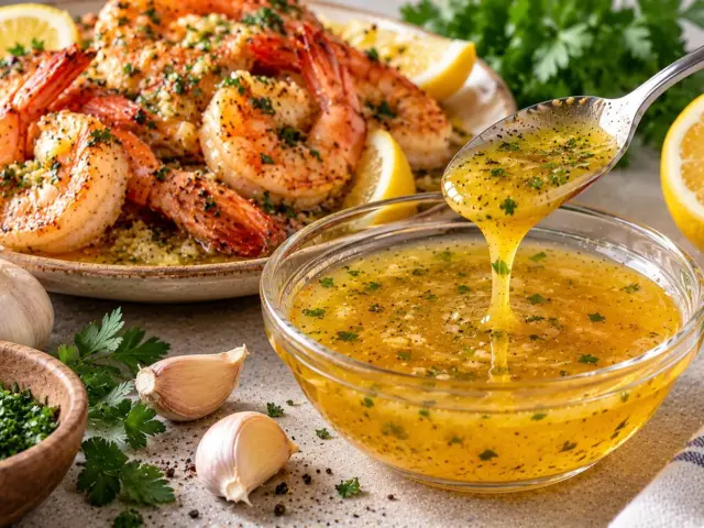 Bowl of lemon garlic butter sauce with parsley beside buttery shrimp and lemon wedges