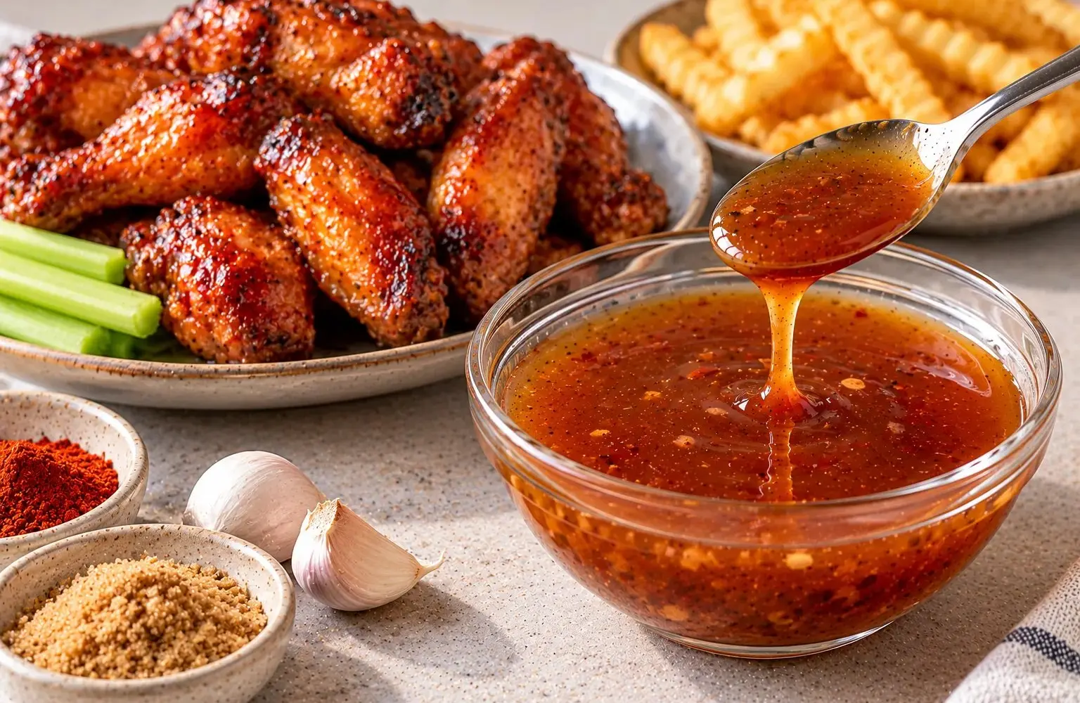 Bowl of glossy red mumbo sauce beside fried chicken wings and fries