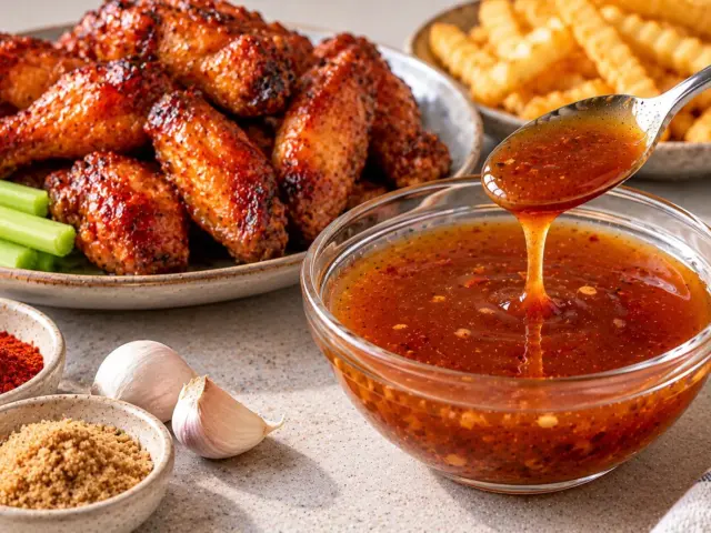 Bowl of glossy red mumbo sauce beside fried chicken wings and fries