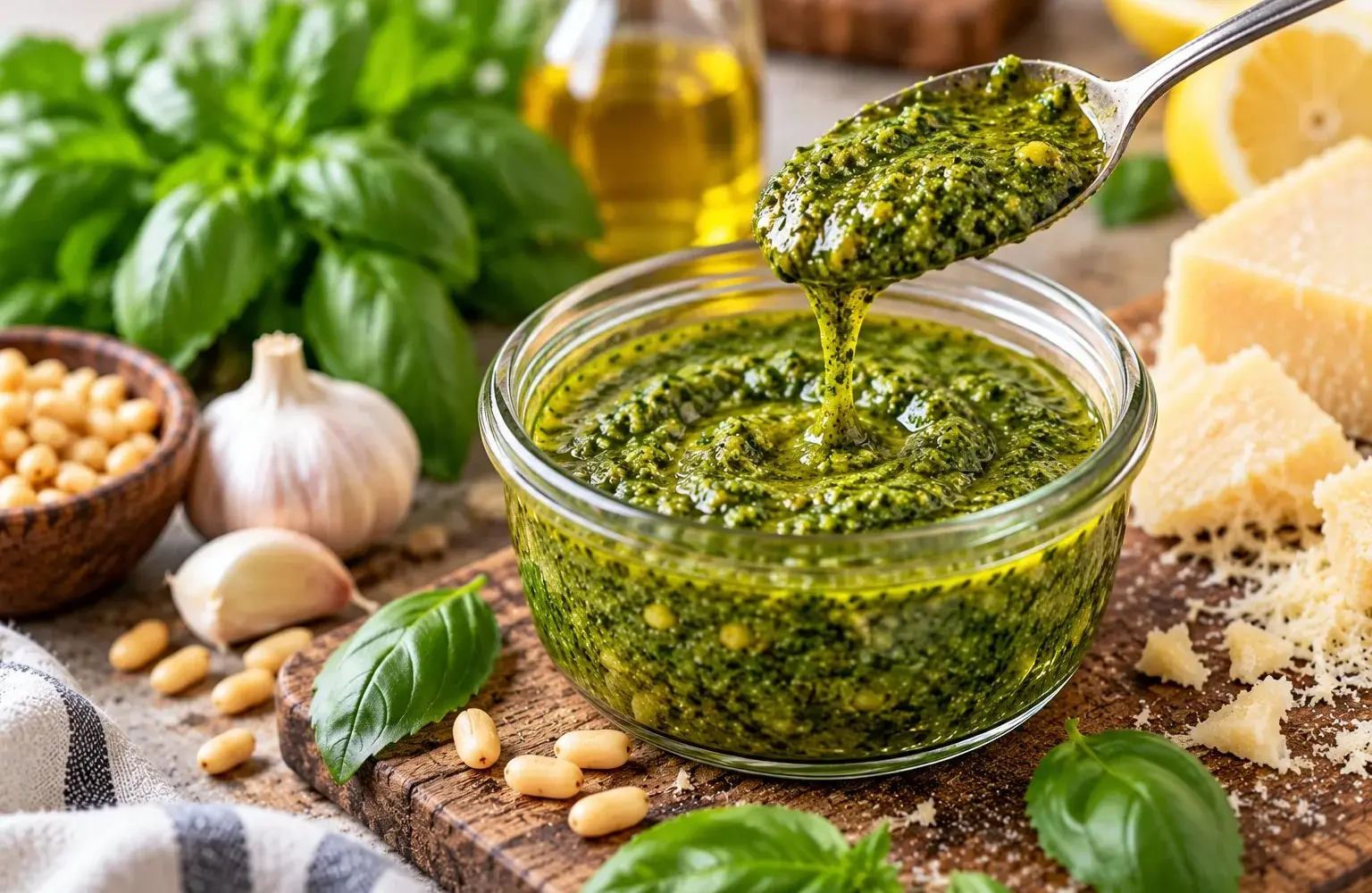 Glass jar of bright green homemade basil pesto with pine nuts, garlic, Parmesan and fresh basil