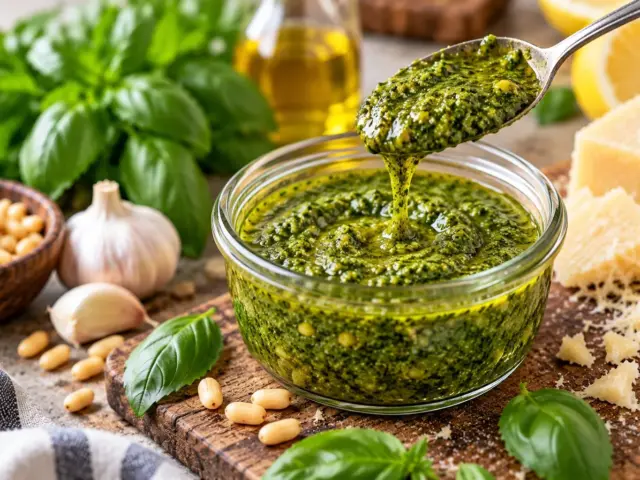 Glass jar of bright green homemade basil pesto with pine nuts, garlic, Parmesan and fresh basil