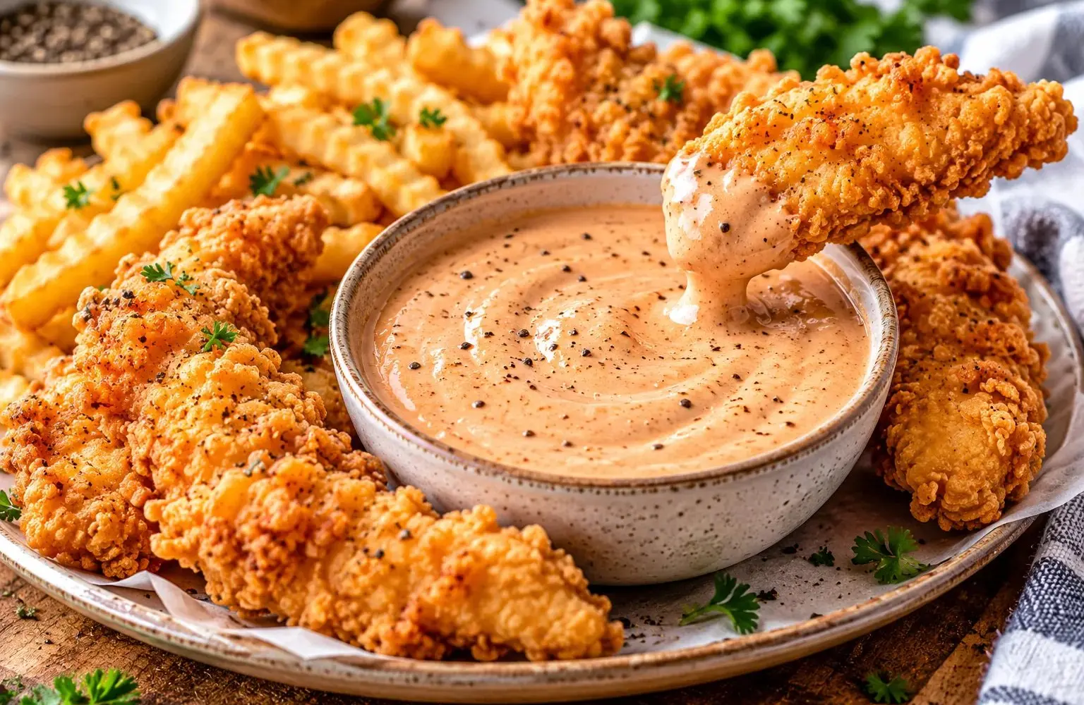 Bowl of creamy copycat Raising Cane's sauce with black pepper, crispy chicken fingers and fries