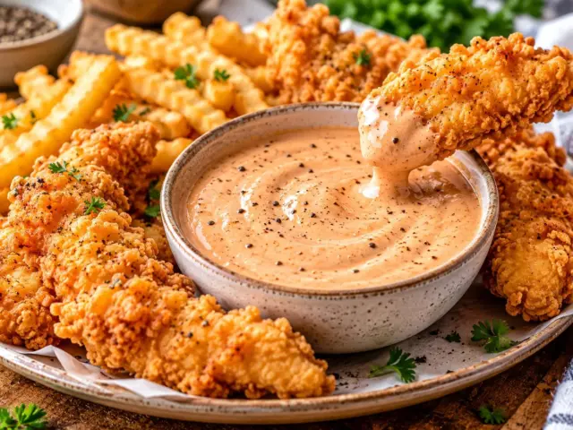 Bowl of creamy copycat Raising Cane's sauce with black pepper, crispy chicken fingers and fries