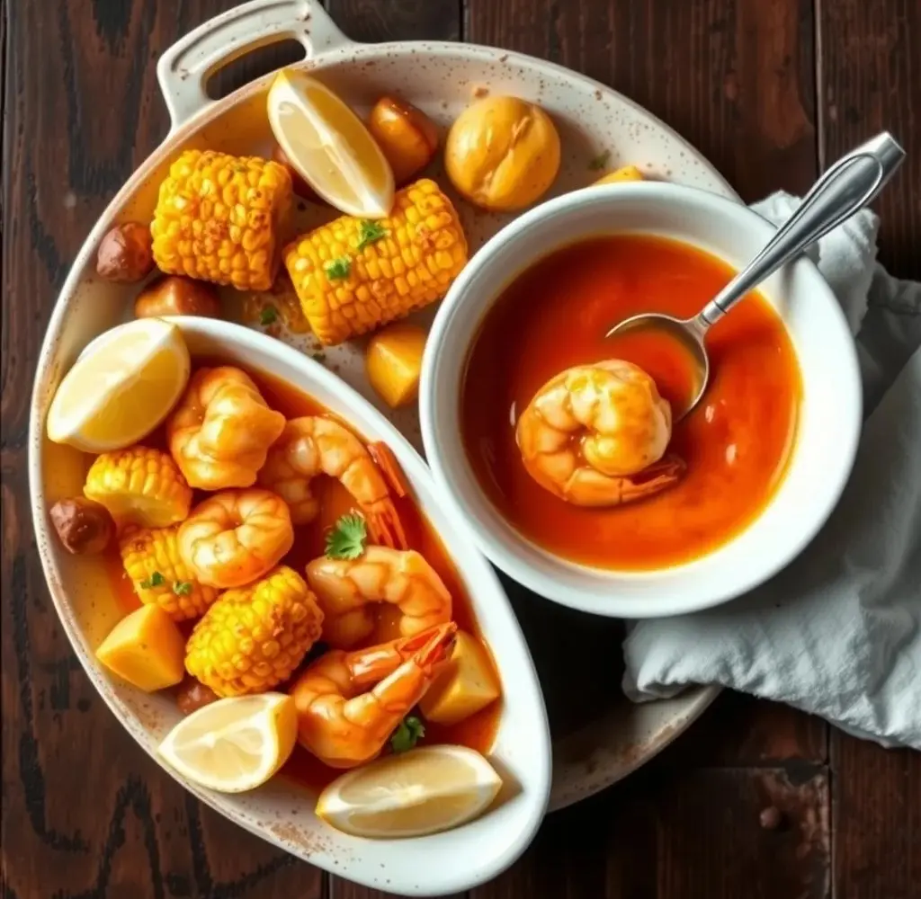Seafood boil sauce in a bowl beside shrimp, corn and potatoes
