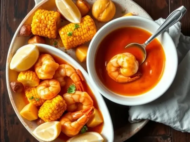 Seafood boil sauce in a bowl beside shrimp, corn and potatoes