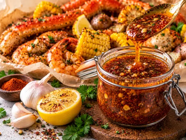 Jar of Cajun garlic butter seafood boil sauce with crab legs, shrimp, corn and potatoes