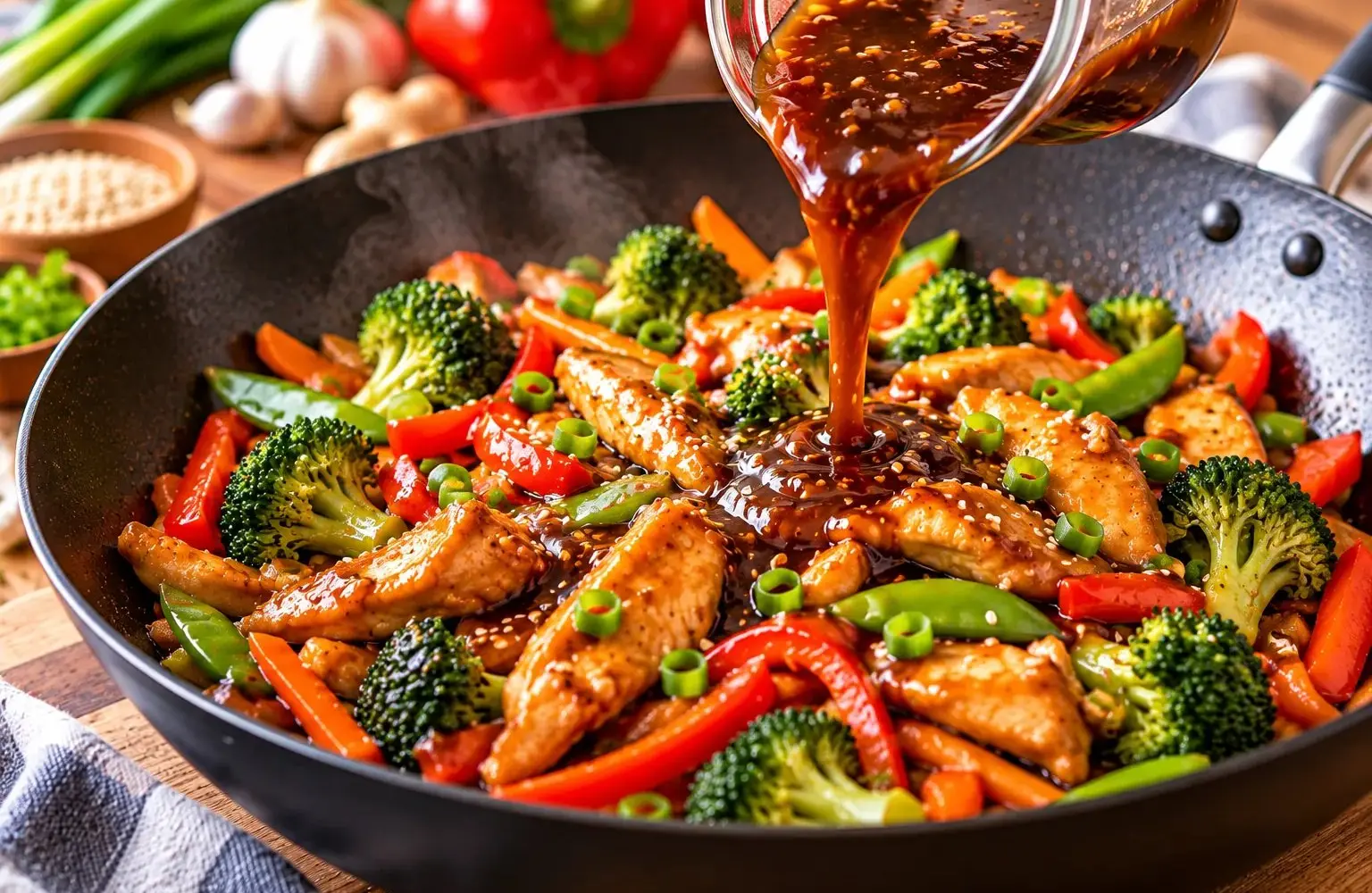 Homemade stir fry sauce poured over a chicken and vegetable stir-fry in a wok