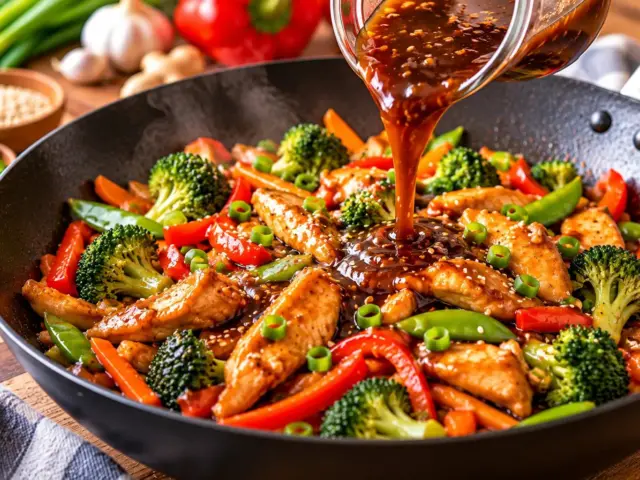 Homemade stir fry sauce poured over a chicken and vegetable stir-fry in a wok