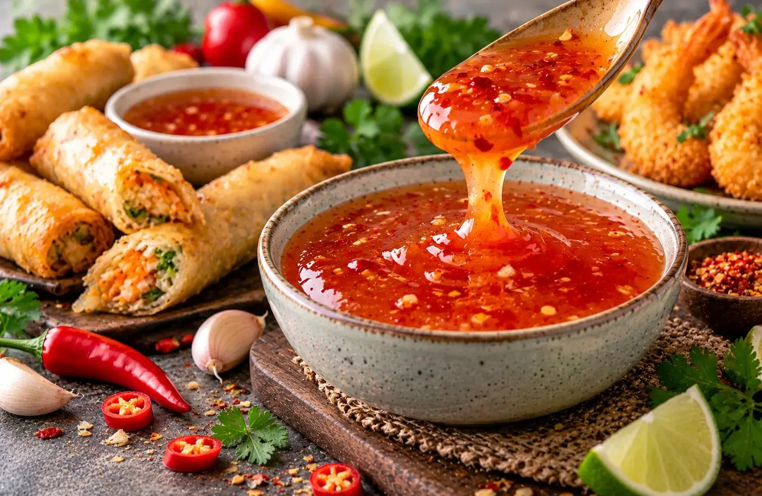 Bowl of homemade sweet chili sauce with spring rolls, fried shrimp and fresh red chilies