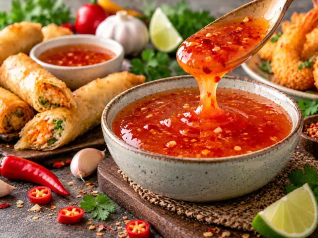 Bowl of homemade sweet chili sauce with spring rolls, fried shrimp and fresh red chilies