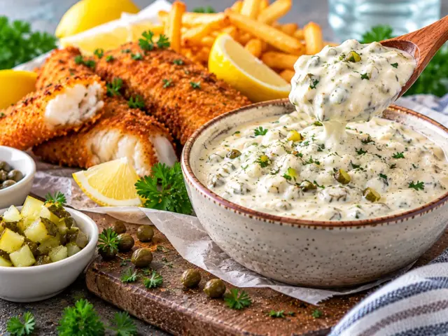 Bowl of homemade tartar sauce with pickles and capers beside fried fish, fries and lemon