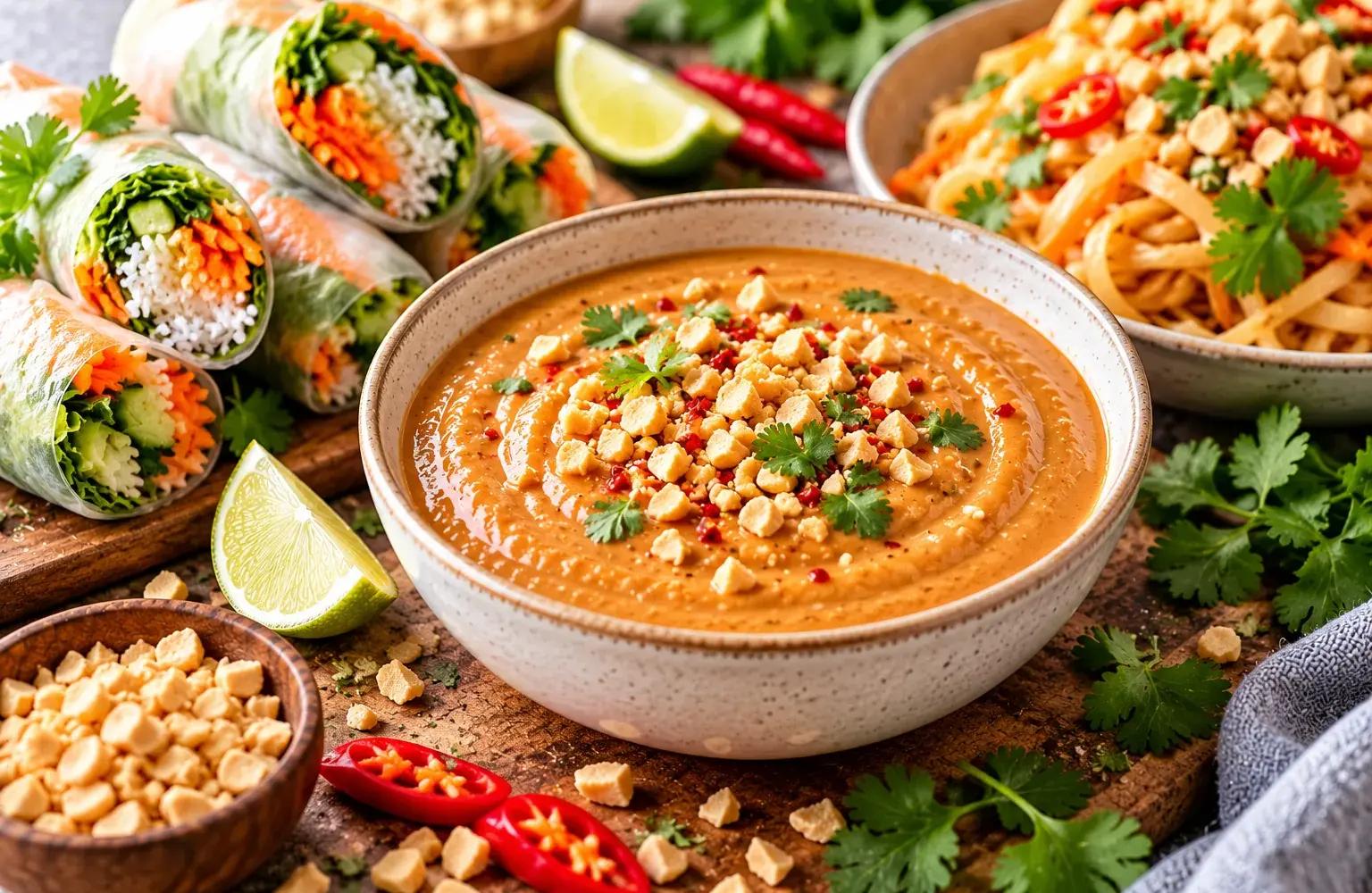 Creamy Thai peanut sauce topped with chopped peanuts and cilantro, served with spring rolls, noodles, lime, and red chili.